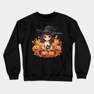 Cute little witch with black cat for Halloween. Crewneck Sweatshirt